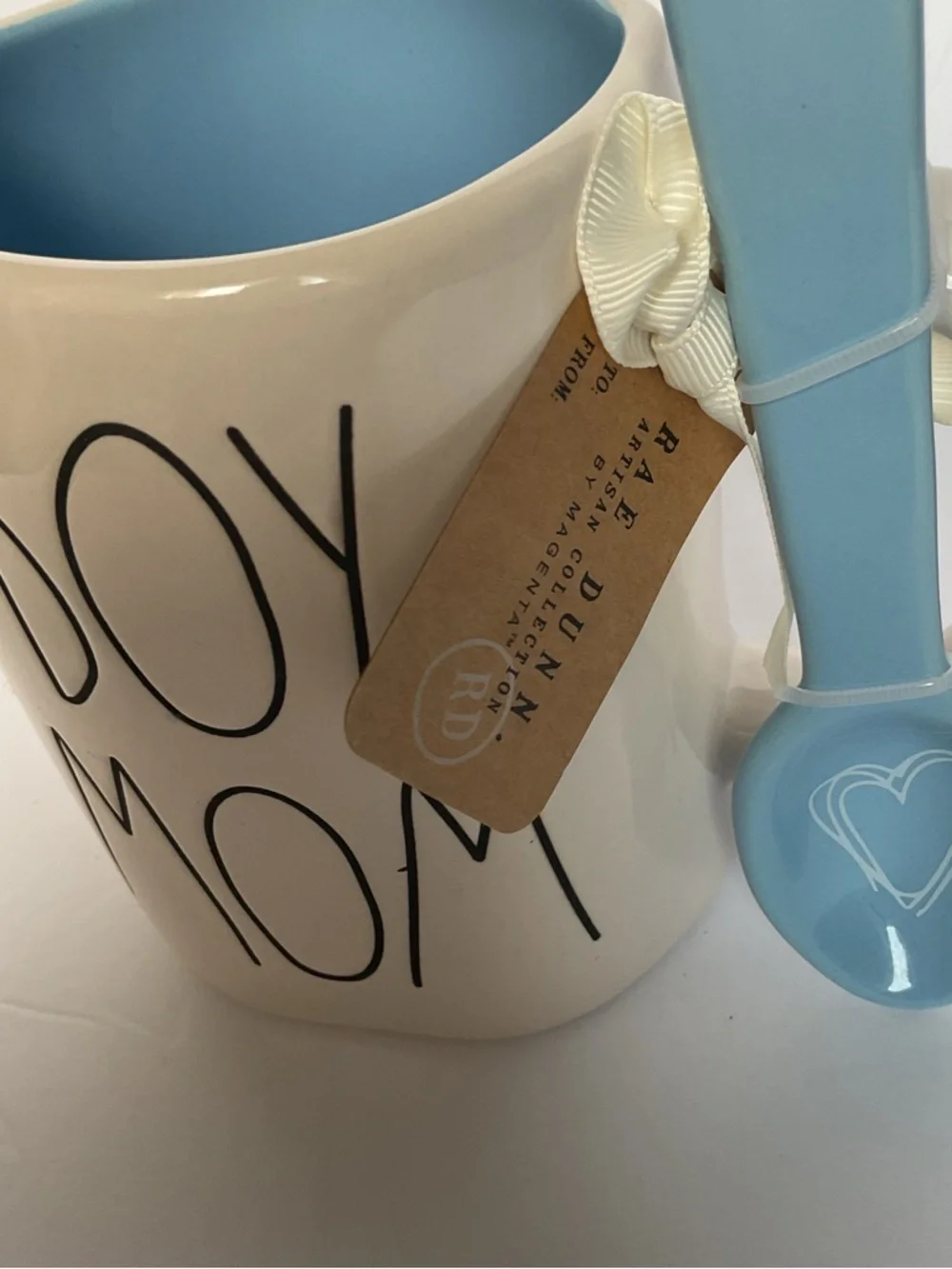 Rae Dunn Boy Mom White Cup Mug 16oz w/ Blue Spoon Gift Set Brand New Baby Shower